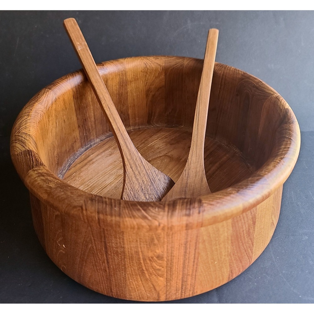 Vintage Teak Wood Salad Serving Bowl with Utensils Handcrafted Selandia Designs